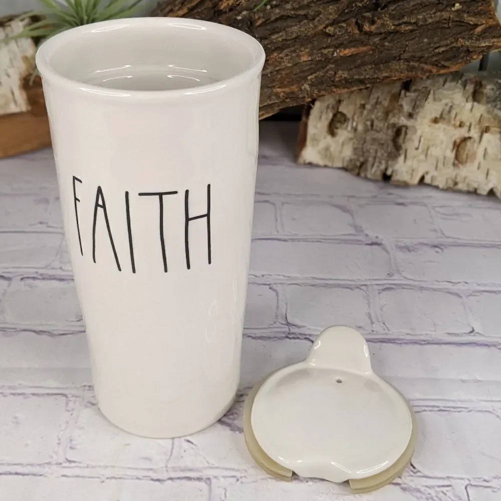 Rae Dunn FAITH Ceramic Travel Tumbler Mug with Lid